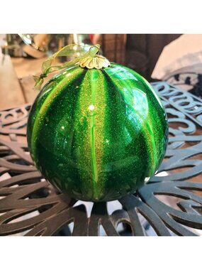 Frontgate Ornament Green & Gold Glitter Glass Melon Ball  6'' Ribbon Tag